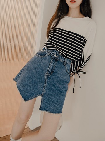 高含棉造型腰頭不對稱牛仔A字短裙