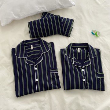 新款日系條紋純棉睡衣男女春秋季長袖開衫家居服情侶韓版秋冬套裝