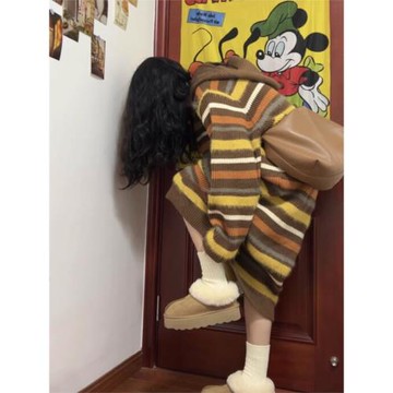 撞色條紋衛衣連帽連衣裙女秋冬韓系直筒寬松長款毛衣裙針織衫上衣