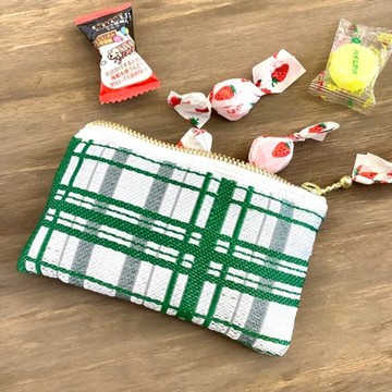 【格紋】榻榻米邊飾 扁平迷你收納包 零錢包 卡片夾 綠色 簡約