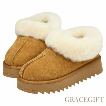 【Grace gift】時髦雲朵暖絨牛麂皮短筒厚底雪靴 栗子