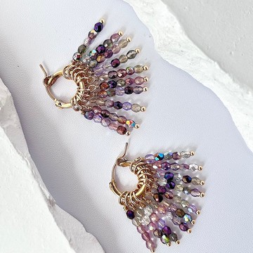 彩色琉璃珠瀑布耳環 紫色系 14KGF