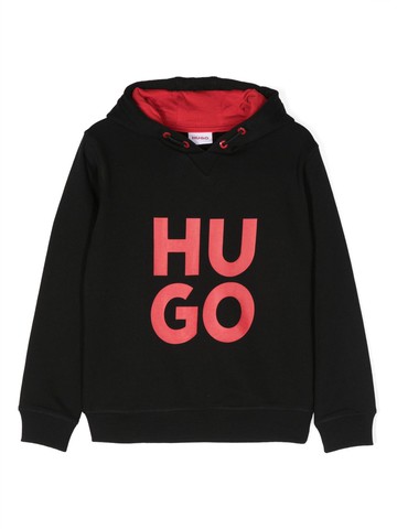 HUGO KIDS - logo-print drawstring hoodie - kids - Cotton/Polyester - 14 yrs - Black
