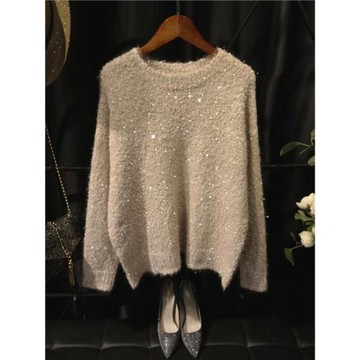 亮絲閃光絲顆粒絨毛衣歐洲站輕奢寬松加厚百搭甜美減齡針織上衣女