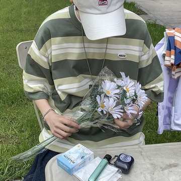 夏季新款日系條紋短袖t恤男寬鬆潮流半袖上衣港風百搭潮牌體恤衫
