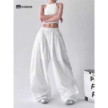 2025夏季新款女裝藍色高腰寬松顯瘦慵懶風闊腿褲休閑褲美式褲子