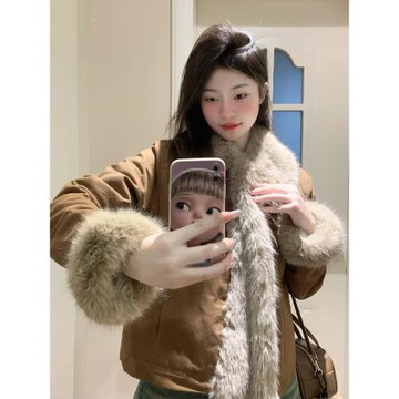 2024冬季新款仿狐貍毛皮草外套女短款加厚拼接牛仔年輕款毛毛大衣
