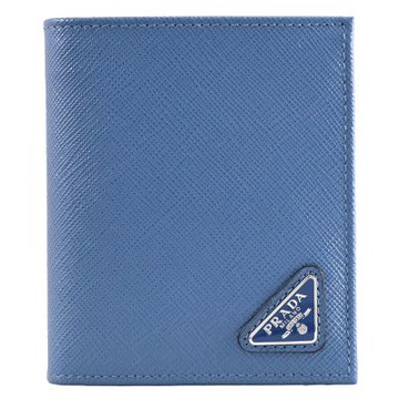PRADA 金屬三角LOGO防刮皮革對開六卡短夾(藍)