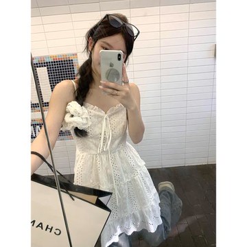 Adan“疊穿神器”花邊吊帶裙韓版顯瘦百搭白色蕾絲提花A字連衣裙