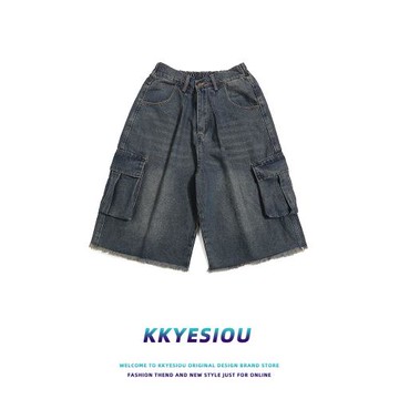 KKyesiou美式復古潮牌洗水牛仔短褲男女百搭設計感設計感情侶上衣