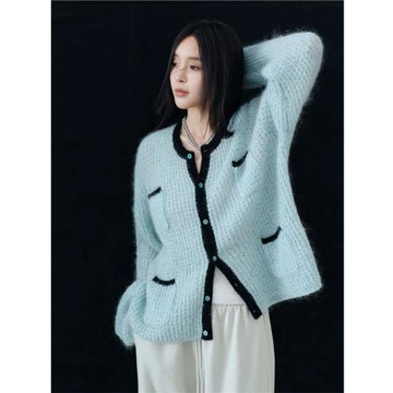 韓系甜美蒂凡尼藍馬海毛寬松小香風針織毛衣/ 經典圓領多口袋上衣