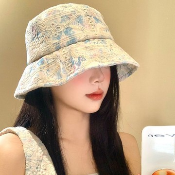 免運🔮蕾絲印花漁夫帽女春夏季新款甜美百搭顯臉小盆帽遮陽防曬帽子抗UV防曬 太陽帽 大帽沿 防紫外線 遮陽帽 登山帽