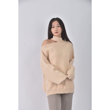 (F) 質感造型領口杏色長袖上衣二手衣