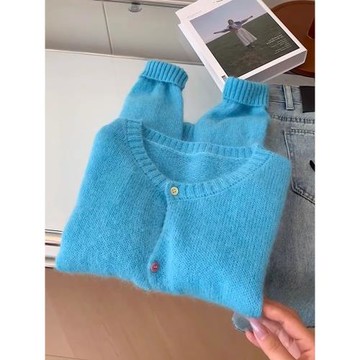 歐貨爆款高級感藍色長袖軟糯針織毛衣女春秋季絕美彩色扣開衫外套