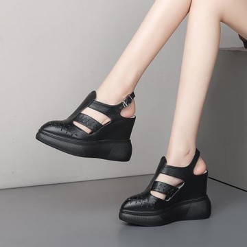 厚底坡跟夏季黑色真皮包頭女鞋