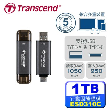 【Transcend 創見】ESD310 1TB USB3.1/Type C 雙介面行動固態硬碟 (3色)