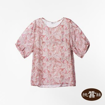 【岱妮蠶絲】純蠶絲柔美喬其紗女燈籠袖喬其紗上衣-WWL31402HB(華麗佩斯利-紅)