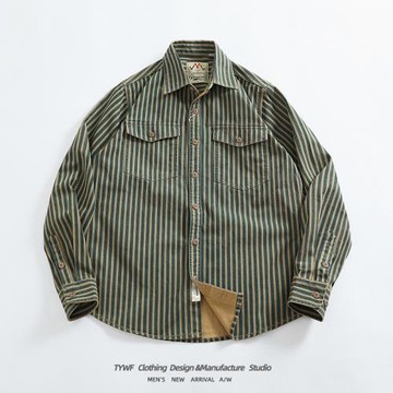 懷舊水洗做舊藍豎條紋潮款牛仔襯衫男士寬松美式長袖工裝襯衣外套