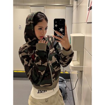 (免運)F383 2025美式復古慵懶撞色迷彩開衫連帽衛衣寬松顯瘦短款外套女