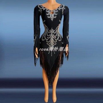 黑色流蘇鏤空令人眼花繚亂的鉆石長舞會禮服舞會派對金光閃閃禮服