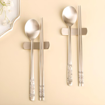 Obuja 韓國傳統銅器 波浪龜圖騰 雙人匙筷組  1組  湯匙 2支+筷子 2雙  銀色