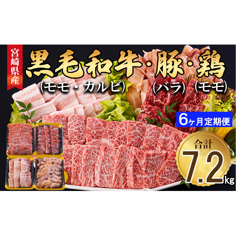  宮崎県産 焼肉 セット 黒毛和牛 モモ カルビ 豚バラ 若鶏 モモ 合計7.2kg 各300g 小分け 冷凍 送料無料 国産 BBQ バーベキュー キャンプ 普段使い 炒め物 丼 カ