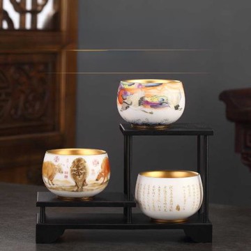 純手工高檔24K鎏金茶杯 羊脂玉瓷品茗杯個人專用主人杯功夫茶單杯