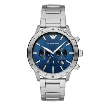 EMPORIO ARMANI 紳士時尚三眼腕錶-銀X藍