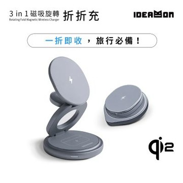 【IDEAMON怪獸選物】3in1磁吸旋轉折折充Qi2・快充升級 無線充電 Magsafe 可摺疊 360°旋轉 三合一充電座 旅行 追劇 出國