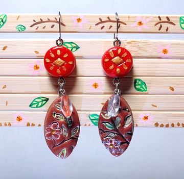 復古紅金壓花紋 手作黏土耳環 手繪捏製 不銹鋼 吊墜款