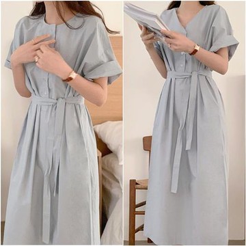 【巴黎精品】現貨+預購 高級法式長洋裝中長裙洋裝連身裙子A字裙大碼寬鬆休閒女裝-短袖繫帶女裙子a1ku68