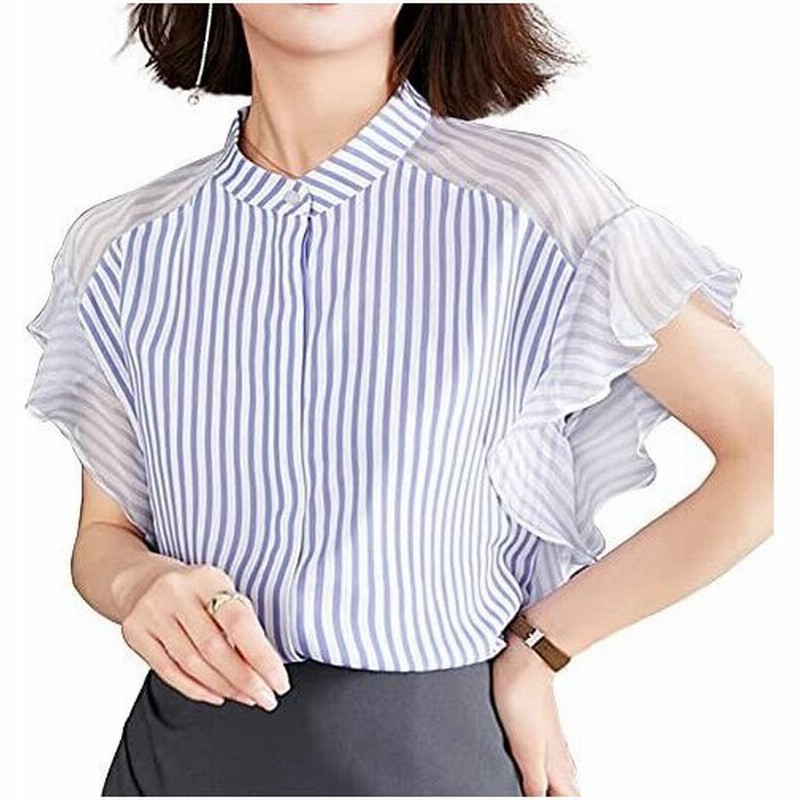 Libetter ストライプ シャツ ブラウス レディース 半袖 フレアスリーブ キレイめ フェミニン トップス 夏 ブルー S 通販 Lineポイント最大0 5 Get Lineショッピング