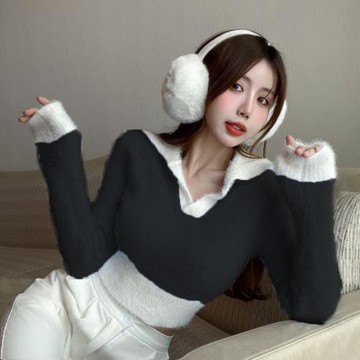 秋冬裝仿貂毛軟糯撞色毛衣女性感辣妹短款Polo領甜辣妹針織衫上衣