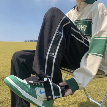 華夫格條紋織帶休閑褲男直筒開衩排扣褲春秋新款運動褲寬松衛褲潮