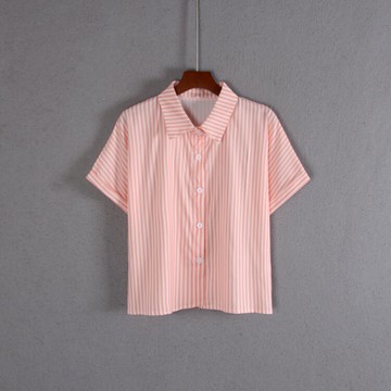 女裝寬松甜美日系短款插肩袖短袖條紋襯衫顯瘦時尚
