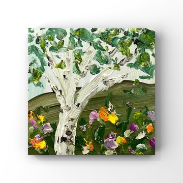 樺樹畫 原創藝術 小樺樹油畫 厚塗法 野花藝術