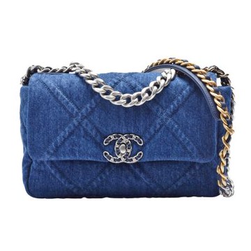 CHANEL 19系列雙C LOGO菱格牛仔布銀轉釦金銀雙色鍊帶手提/肩背包(小-深藍)