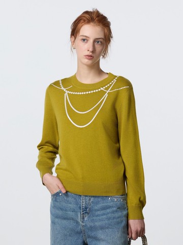 苔綠色 精製美麗奴羊毛 珍珠印花套頭毛衣