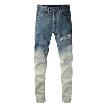 AMR jeans美式高街漸變刮破修身長褲太一高街破洞緊身男牛仔褲子