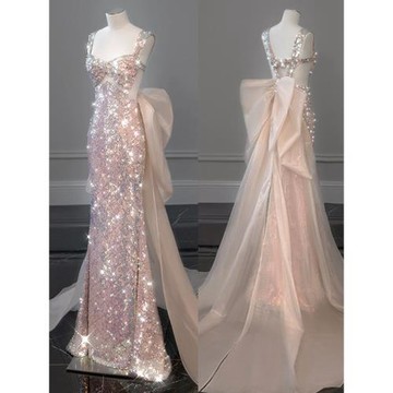 粉色亮片晚禮服女性感閃耀新娘結婚敬酒服宴會演出主持人魚尾吊帶