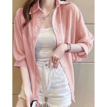 日本 GRL - 透明感氣球袖襯衫/罩衫-淺粉 (M)