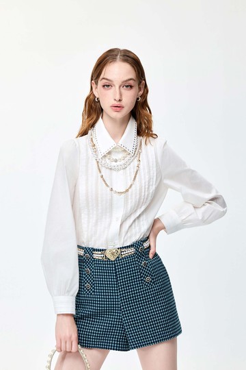 綴鑽飾領片襯衫上衣