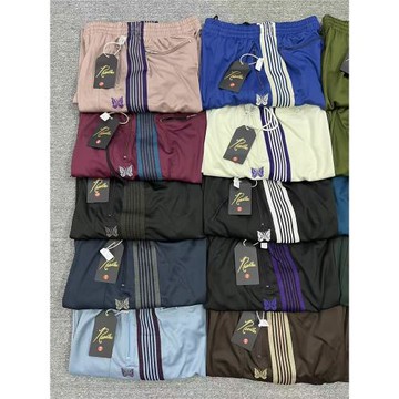 Needles蝴蝶刺繡歐美os寬版大碼褲男女情侶純色運動休閑闊腿褲ins