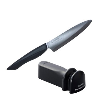 日本京瓷Kyocera 黑刃陶瓷刀13cm/專用鑽石磨輪磨刀器 二件組