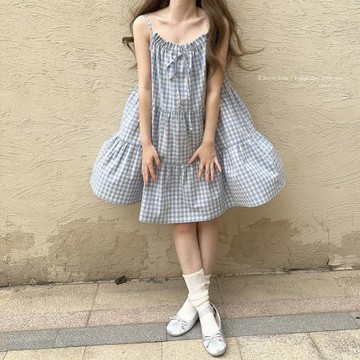 日系娃娃裙 格子 居家 遛彎 吊帶連衣裙 睡裙 H