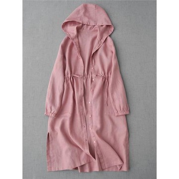 大牌折扣店女裝日韓外貿亞麻開衫外套女長款連帽薄款風衣棉麻襯衫