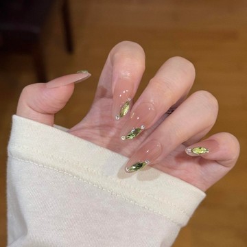 秋冬款純欲綠眼淚淺腮棕色美甲高級氣質溫柔顯白中橢圓穿戴甲貼片