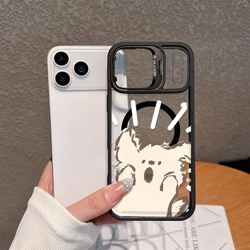 驚訝卡通小狗 隱形鏡頭支架磁吸殼 適用iPhone17/16/15/11/13/14全系列 防摔硬殼 免費送鏡頭貼