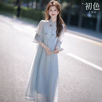 初色 氣質純色蝴蝶裝飾立領A字裙蝴蝶結中長連衣裙連身洋裝-藍色-14610(M-XL可選)