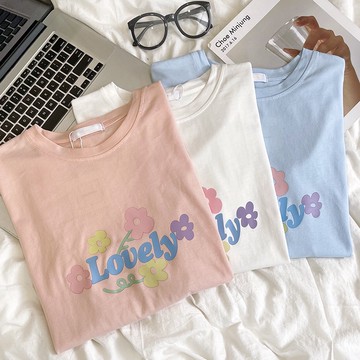 『現貨馬上出+』RENA日系可愛軟妹奶藍色清新小花舒適精棉寬松減齡百搭短袖T恤【R20175】